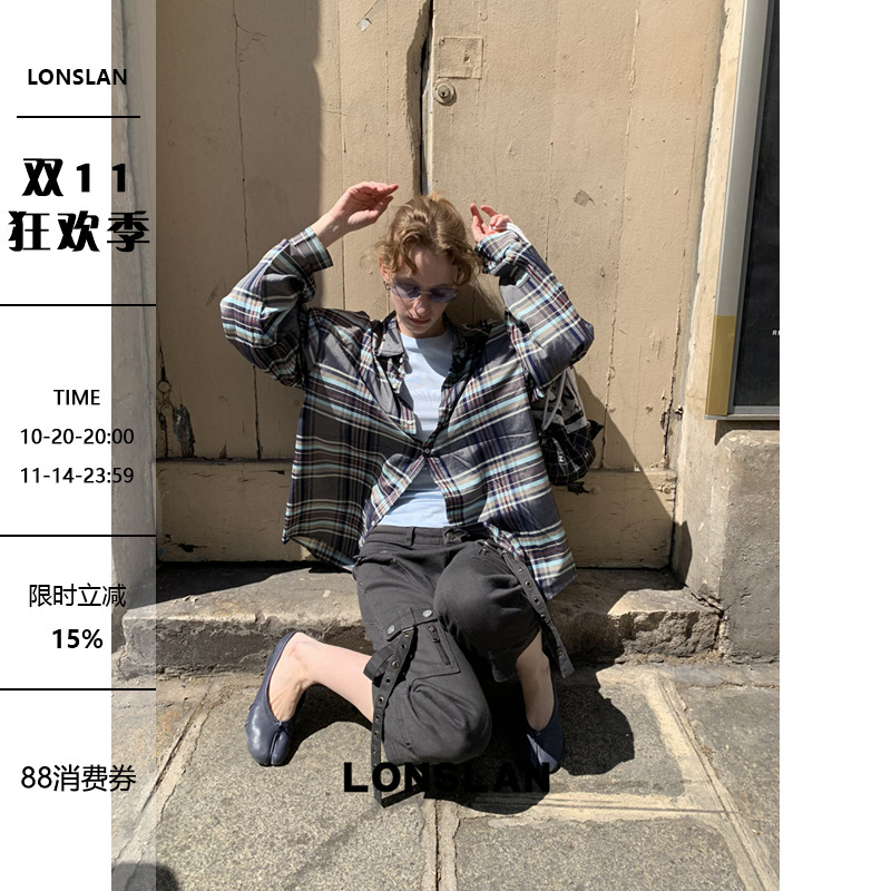 LONSLAN 2025 SUMMER 棉麻透气长袖防晒格子衬衫
