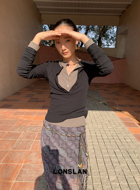 LOSLAN 25SS春夏新款 V领系扣开襟缝边设计长袖T上衣半开扣