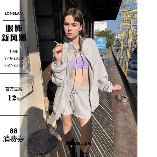LONSLAN 2025春夏新款韩系慵懒休闲宽松抽绳立领拉链上衣短裤套装