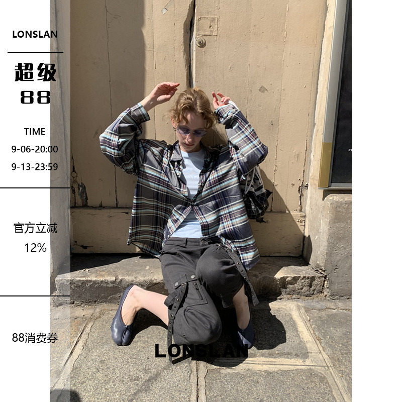 LONSLAN 2025 SUMMER 棉麻透气长袖防晒格子衬衫图片