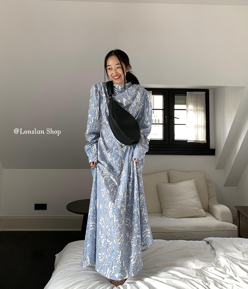Lonslan 2025自制早春新品慵懒风复古印花中长款碎花连衣裙女清新