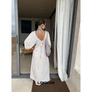 LONSLAN 26SUMMER米灰色透气长款前后两穿绑带防晒慵懒连衣裙