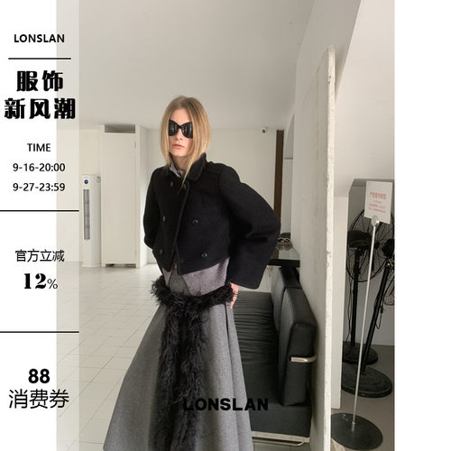 LONSLAN 2024秋冬新款复古毛呢双排扣娃娃领短款修身外套上衣女