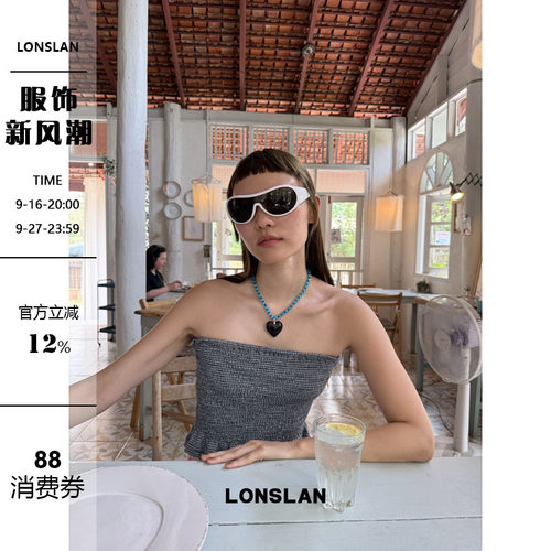 LONSLAN 2026SUMMER春夏新款 杂色蓝色花边松紧褶皱抹胸