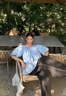 LONSLAN小公主大摆泡泡袖 绑带蓝色衬衫