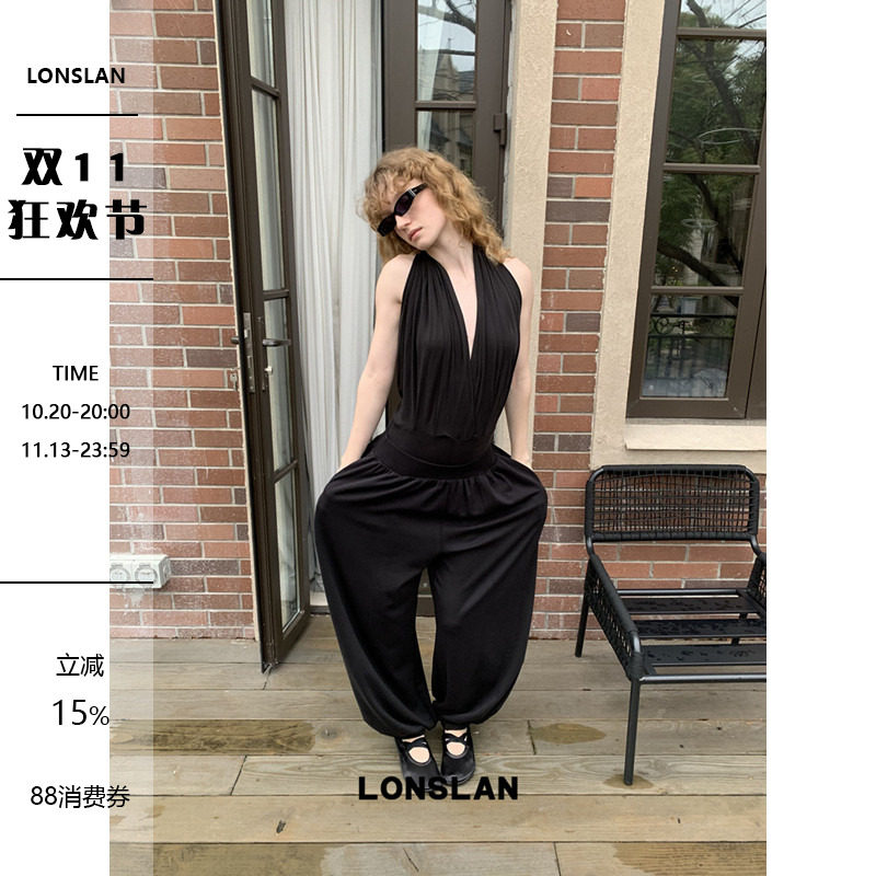 LONSLAN 2026春夏新品挂脖露背连体背心+收脚裤套装