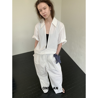 LONSLAN25SUMMER  深v翻领短袖衬衫+抽绳阔腿裤套装