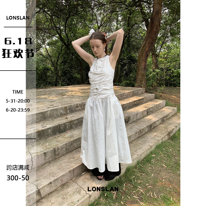 LONSLAN 2024春夏新款法式小众设计无袖褶皱收腰气质显瘦连衣裙女 女装/女士精品 连衣裙 原图主图