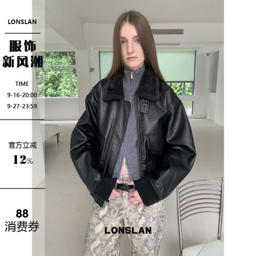 LONSLAN  2025秋季新款 复古棕黑色毛领机车皮衣外套
