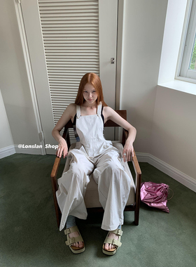 LONSLAN 2023夏季新款百搭浅灰色背带休闲宽松气质裤长裤女