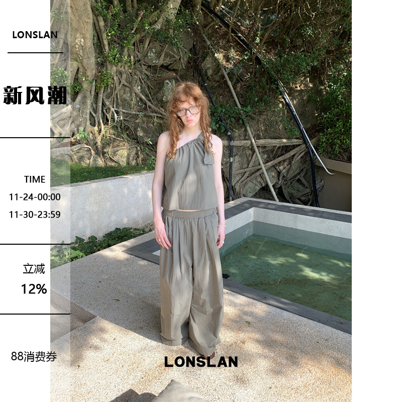 LONSLAN 25SUMMER  斜肩绑带背心+阔腿裤套装