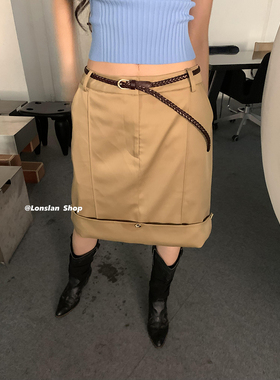 LONSLAN 小众设计感奶黄色翻折卷边扣低腰显瘦工装多口袋开叉半裙