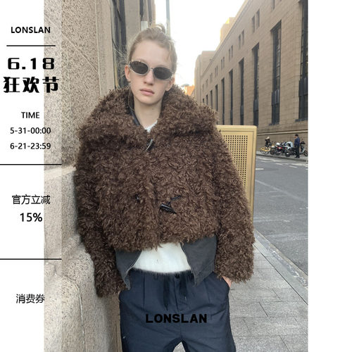 LONSLAN 24WINTER 12/9 20:00NEW卷卷毛牛角扣短款毛毛外套