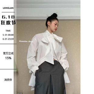 Lonslan 早春新品复古小众设计大绑带蝴蝶结质感长款白衬衫女