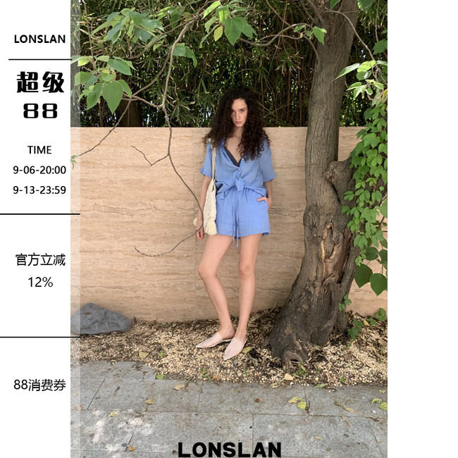 LONSLAN2026夏季新款褶皱短袖衬衫+短裤套装图片