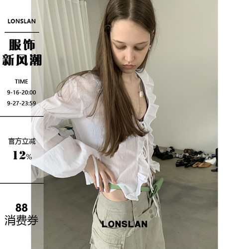 LONSLAN26SUMMER 荷叶边绑带防晒棉麻娃娃上衣