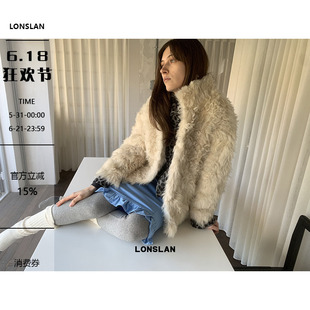 LONSLAN 24WINTER 12/9 20:00NEW立领乳白色托卡皮草毛毛外套