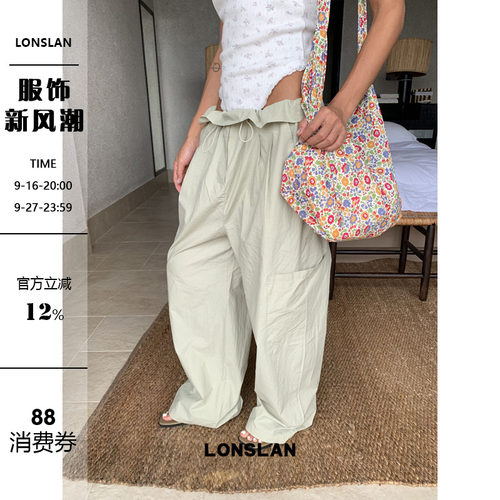 LONSLAN 2026夏季新款抽绳可调节花边腰头口袋薄款工装裤