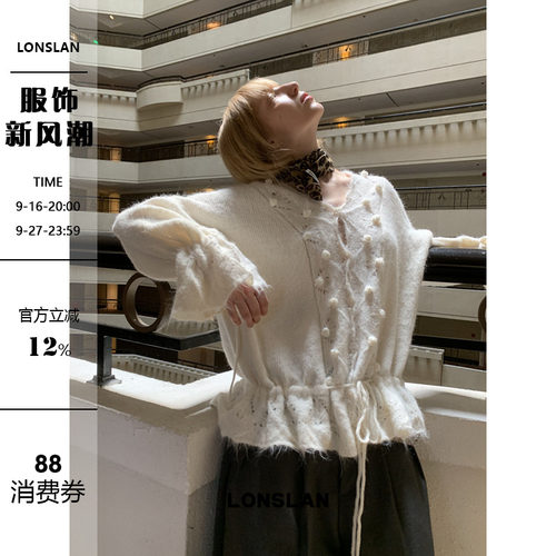 LONSLAN 2025秋季新款 手工够花花朵收腰抽绳 毛衣开衫