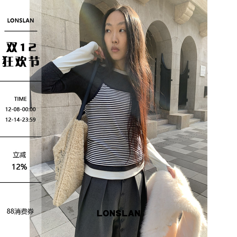 LONSLAN 25AW 12.8  00:00NEW 拼色条纹 两件套长袖打底T