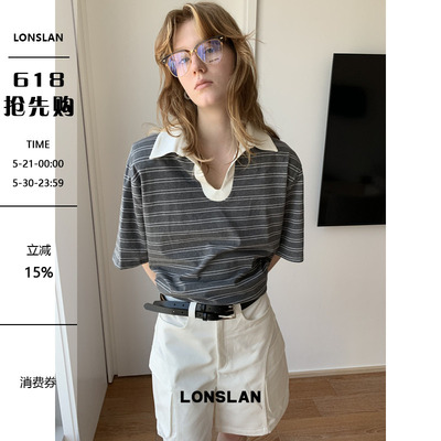 LONSLAN25SUMMER 拼色翻领宽松条纹短袖T