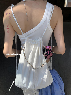 LONSLAN 2023夏季新款夏季百搭修身双肩抽绳链条布包女