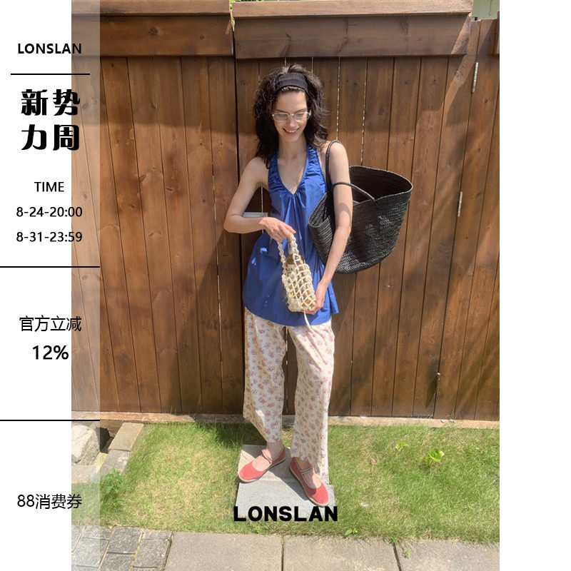 LONSLAN 2026夏季新款褶皱v领挂脖露背背心娃娃裙上衣
