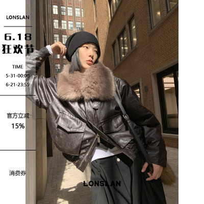 LONSLAN 25AW 12.8  00:00NEW  大毛领复古黑棕色皮衣外套