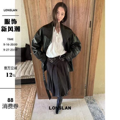 LONSLAN 2025秋季新款 大翻领腰带皮衣外套