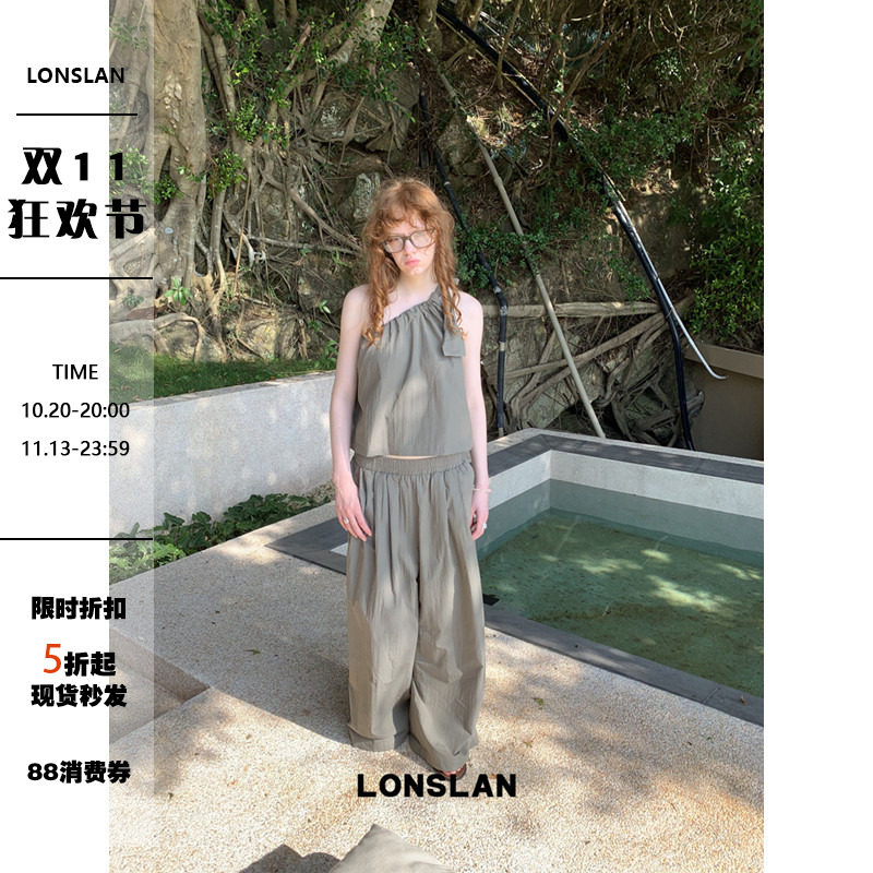 LONSLAN 25SUMMER  斜肩绑带背心+阔腿裤套装