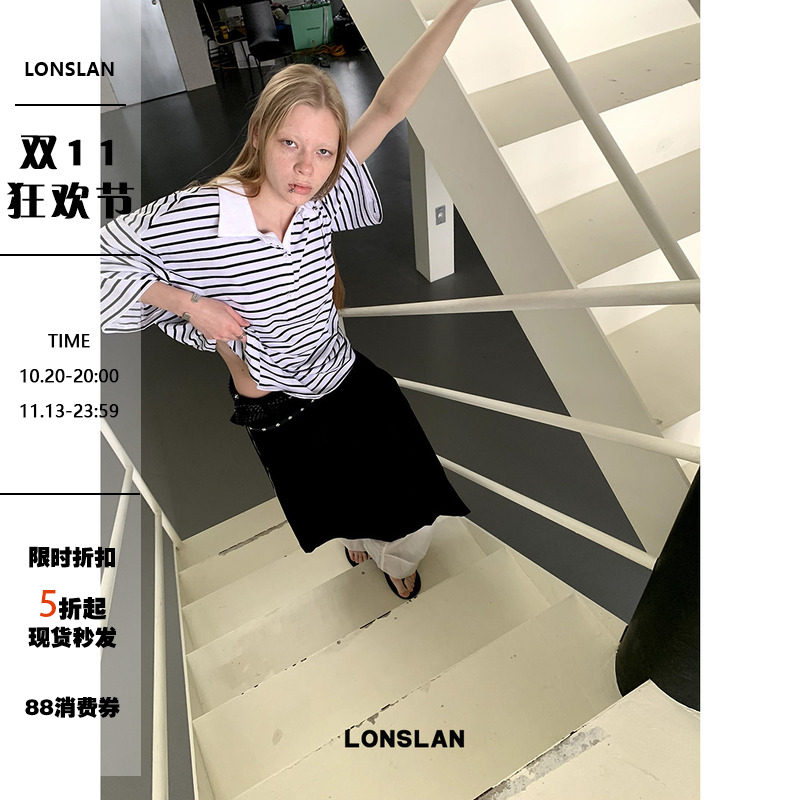 LONSLAN 2024夏季新款大件男友力polo领舒适简约休闲条纹短袖T恤