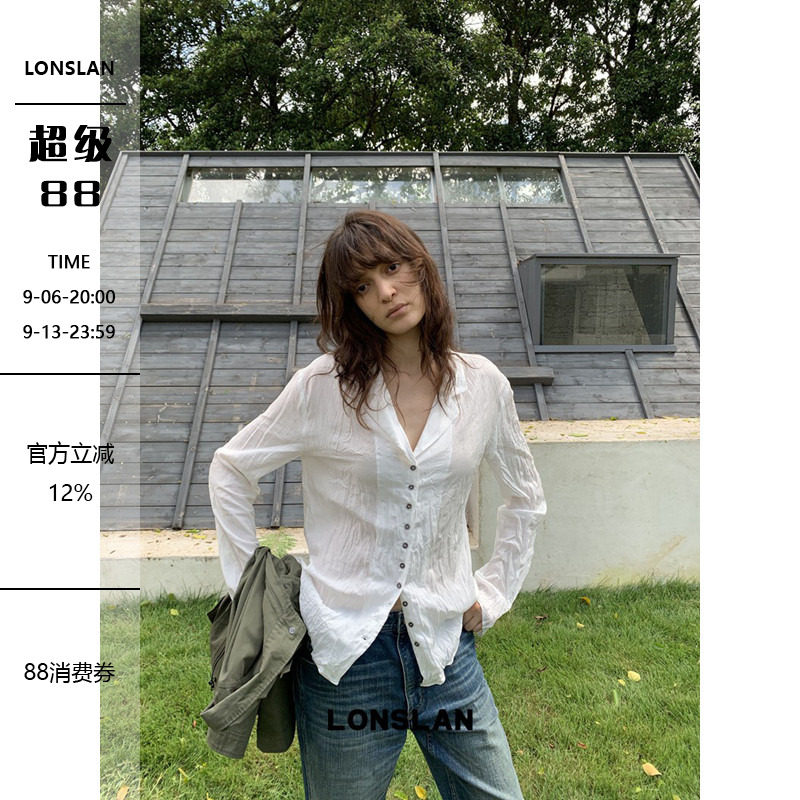 LONSLAN 26AW 秋冬新款褶皱翻领系扣白衬衫图片