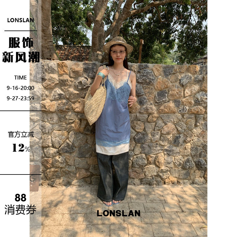 LONSLAN 2026SUMMER春夏新款 蕾丝花边叠穿两件套吊带连衣裙图片