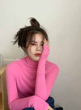 Lonslan 半高领T恤女长袖修身打底衫粉色内搭黑色套头叠穿薄上衣