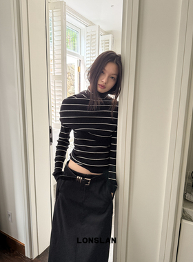LOSLAN 2024秋冬新款 可拆卸两穿大圆领条纹针织高领披肩修身打底