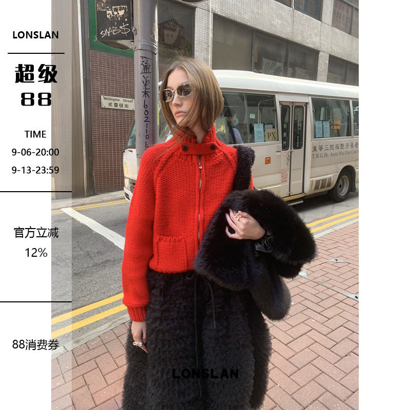 LONSLAN24WINTER 11/30 20:00NEW新年圣诞口袋立领红色毛衣图片