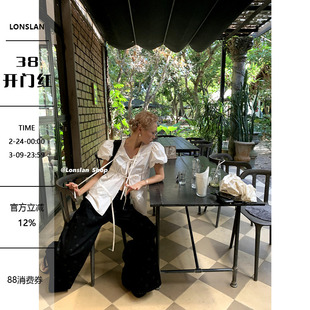 LONSLAN 2025春夏新款甜美蝴蝶结绑带开衫褶皱泡泡袖衬衫上衣女