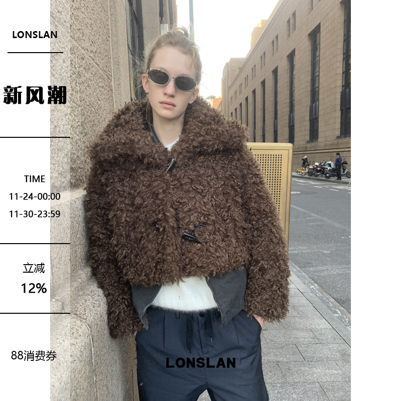 LONSLAN 24WINTER 12/9 20:00NEW卷卷毛牛角扣短款毛毛外套