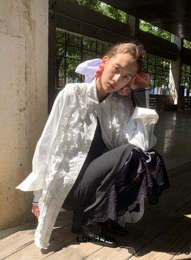 LONSLAN 2024秋季新款个性复古慵懒风花边衬衫