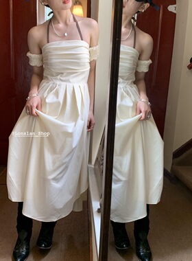 Lonslan 中长款收腰显瘦气质女神范白色吊带连衣裙裙子女夏季长裙