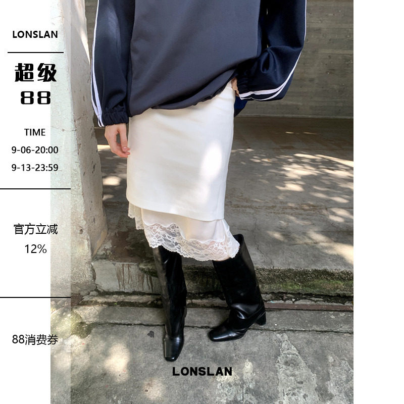 LONSLAN 2026春季新款小众设计蕾丝花边缎面半裙图片