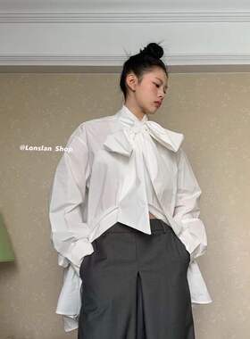 Lonslan 早春新品复古小众设计大绑带蝴蝶结质感长款白衬衫女