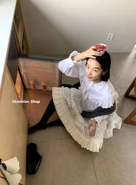 LOSNLAN 2023秋季新款百搭长袖修身白色蕾丝边白衬衫上衣外套