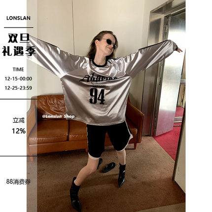 LONSLAN 2024春夏新款慵懒风宽松垂感美式字母印花亮面长袖上衣T