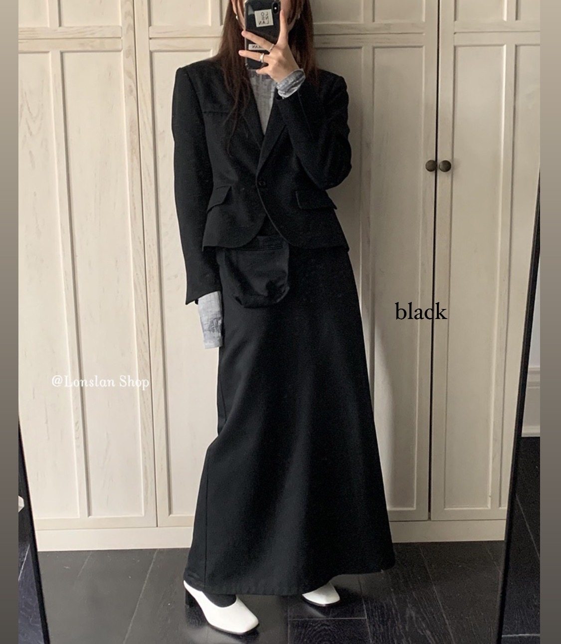 Lonslan 自制秋款黑色长袖一粒扣西装外套高腰西装半身裙两套装女,女装/女士精品,时尚套装,淘宝优惠券,粉丝福利购,淘宝优惠卷