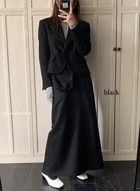 Lonslan 自制秋款黑色长袖一粒扣西装外套高腰西装半身裙两套装女