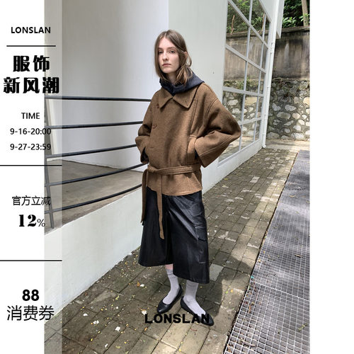 LONSLAN  2025秋季新款 羊毛双排扣呢子中长款大衣腰带外套