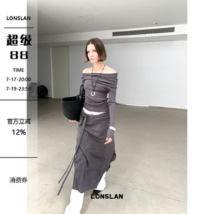 LONSLAN 2024秋季新款显瘦一字领多穿针织毛衣上衣绑带半裙套装