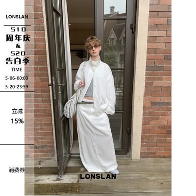 LONSLAN 2026春夏新品白色立领西系扣缎面夹克+半裙套装