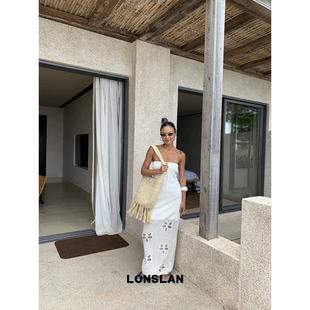 LONSLAN 26SUMMER针织钩花镂空花朵抹胸绑带连衣裙